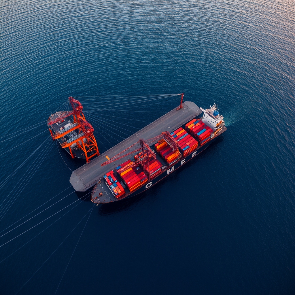 International port with container ships and trade routes