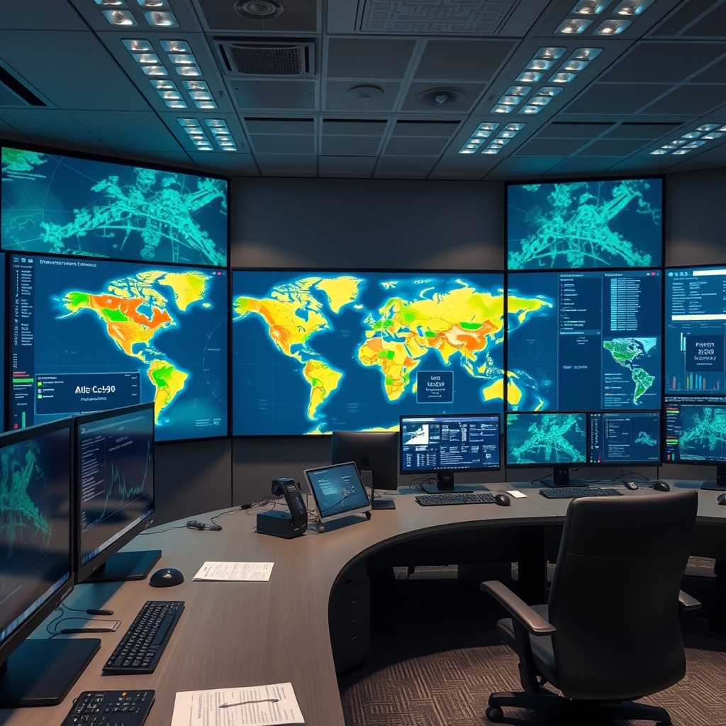 Logistics control room with shipment tracking displays